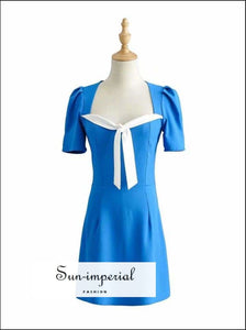 Navy Blue Stripe Mini Sleeve Short Vintage Dress with White Center Bow blue, dress, High quality navy, navy blue SUN-IMPERIAL United States