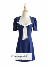 Navy Blue Stripe Mini Sleeve Short Vintage Dress with White Center Bow blue, dress, High quality navy, navy blue SUN-IMPERIAL United States