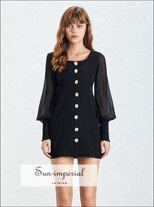 Nayeli Dress- Casual Solid Women Mini Dress Square Collar Lantern Long Sleeve Diamonds Buttons Solid, Sleeve, Patchwork Dresses, Colla, 