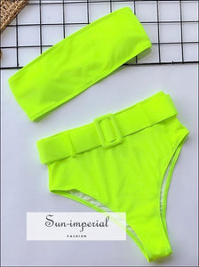 Neon Yellow 2 Piece Bikini Tube Bandeau Strapless top and High Waist Belted bottom Hot Pink piece bikini tube bandeau strapless SUN-IMPERIAL