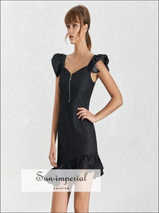 Night in the City Dress - Solid Black and Navy Mini Dresses Ruffle Sleeve Asymmetrical Mermaid Mini