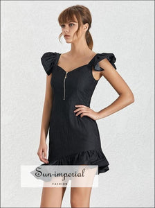 Night in the City Dress - Solid Black and Navy Mini Dresses Ruffle Sleeve Asymmetrical Mermaid Mini