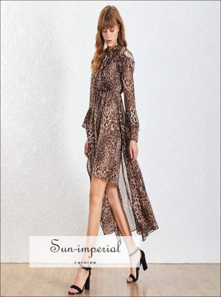 Night out Dress - Asymmetrical Leopard Print Lantern Long Sleeve Lace up Midi Ankle Length, Sleeve, Print, Summer Fashion, vintage 