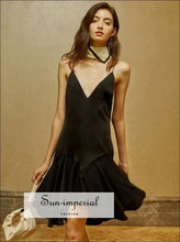 Night Queen Dress - Black Elegant Asymmetrical above the Knee Deep V Neck Cami Strap with chick sexy style, elegant night out black mini 