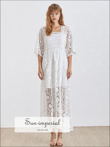 Nîmes Dress - Maxi Lace Vintage Women Square Collar Half Sleeve High Waist Sleeve, Waist, Dresses, Collar, SUN-IMPERIAL United States