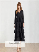 Nina Dress- Vintage V Neck Long Sleeve Lace Midi Women's Dress Ruffle a Line Fit