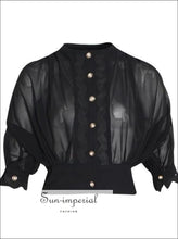 Oklahoma top - Black and White Solid Sheer Buttoned Blouse for Women O Neck Puff Sleeve Crop top