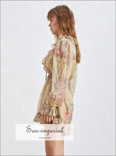 Okoner Romper - Vintage Floral Print Short Jumpsuit Long Sleeve V Neck Ruffles Decor Lantern Sleeve, Jumpsuit, High Waist, Neck, 