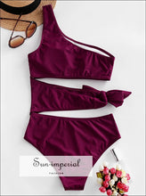 One Shoulder Cutout Tie One-piece Swimsuit Red Wine Female Swimwear