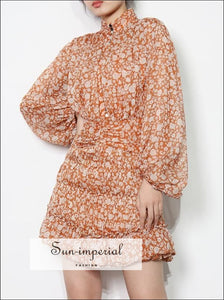Orange Floral Bishop Sheer Long Sleeve Buttoned A-line Layered Mini Dress with Stand Collar and SUN-IMPERIAL United States
