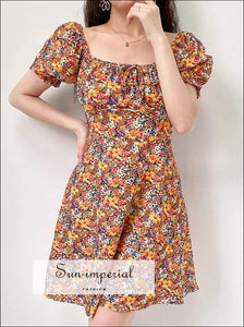 Orange Floral Mini Dress a Line Ruched Square Neck Frill Sleeve with Bowknot front