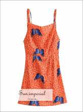 Orange Leopard and Blue Butterfly Printed Slim Backless Tie Cami Strap Summer Mini Dress