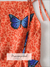 Orange Leopard and Blue Butterfly Printed Slim Backless Tie Cami Strap Summer Mini Dress