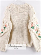 Over Sized Beige Knitted Cardigan with Floral Embroidery detail and Pearl Buttons Sweater best seller, boho style, PEARL BUTTON CARDIGAN, 