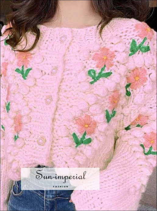 Oversized Pink Knitted Cardigan with Floral Embroidery detail and Pearl Buttons Sweater PEARL BUTTON CARDIGAN, vintage style, VINTAGE THICK 