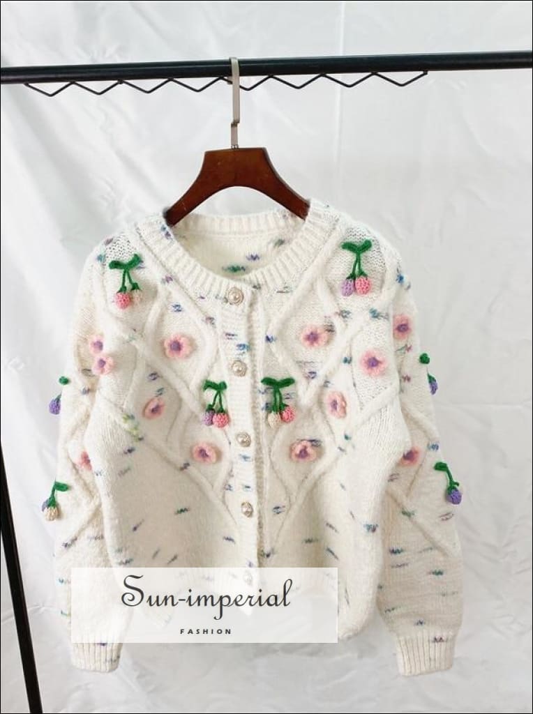 Oversized White Knitted Cardigan with Floral Embroidery detail and Pearl Buttons Sweater Bohemian Style, casual style, harajuku Preppy Style