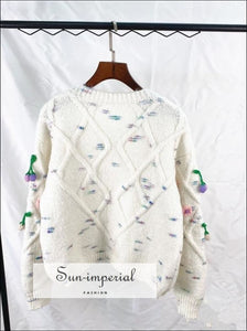Oversized White Knitted Cardigan with Floral Embroidery detail and Pearl Buttons Sweater Bohemian Style, casual style, harajuku Preppy Style