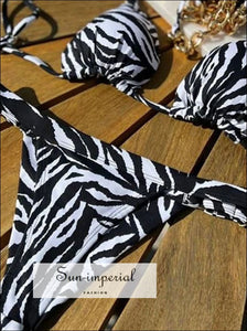 Padded Zebra Print Triangle Bikini Set With Chain Strap Detail Sun-Imperial United States