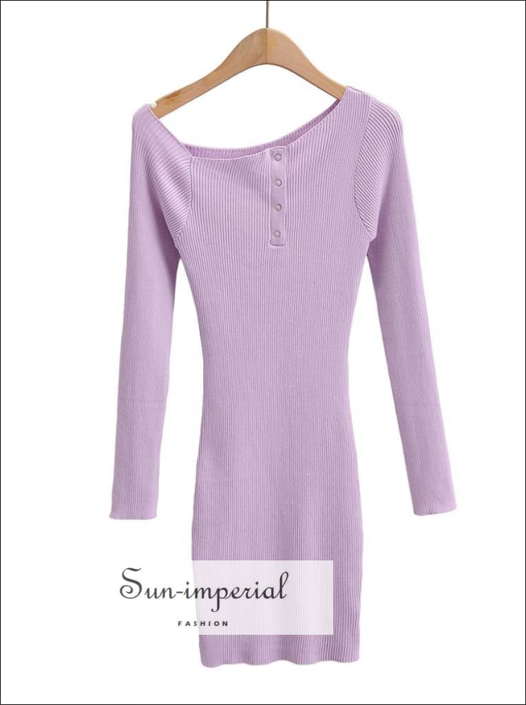 Pail Purple Bodycon Casual Ribbed Mini Dress off Shoulder Long Sleeve side Tik Tak Buttons basic style, sporty style SUN-IMPERIAL United 