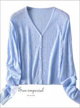 Pale Blue Vintage V Neck Women Knitted Hollow out Slim Long Sleeve Women’s Cardigan Sweater Basic style, street vintage style SUN-IMPERIAL 
