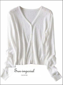 Pale Blue Vintage V Neck Women Knitted Hollow out Slim Long Sleeve Women’s Cardigan Sweater Basic style, street vintage style SUN-IMPERIAL 