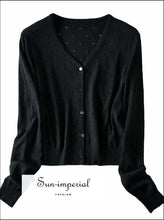 Pale Blue Vintage V Neck Women Knitted Hollow out Slim Long Sleeve Women’s Cardigan Sweater Basic style, street vintage style SUN-IMPERIAL 