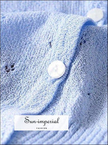 Pale Blue Vintage V Neck Women Knitted Hollow out Slim Long Sleeve Women’s Cardigan Sweater Basic style, street vintage style SUN-IMPERIAL 