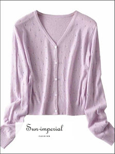 Pale Blue Vintage V Neck Women Knitted Hollow out Slim Long Sleeve Women’s Cardigan Sweater Basic style, street vintage style SUN-IMPERIAL 
