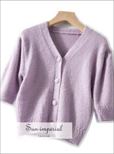 Pale Lavender Women Short Sleeve Knitted Cardigan Single Breasted Sweater top vintage style SUN-IMPERIAL United States