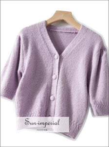 Pale Lavender Women Short Sleeve Knitted Cardigan Single Breasted Sweater top vintage style SUN-IMPERIAL United States