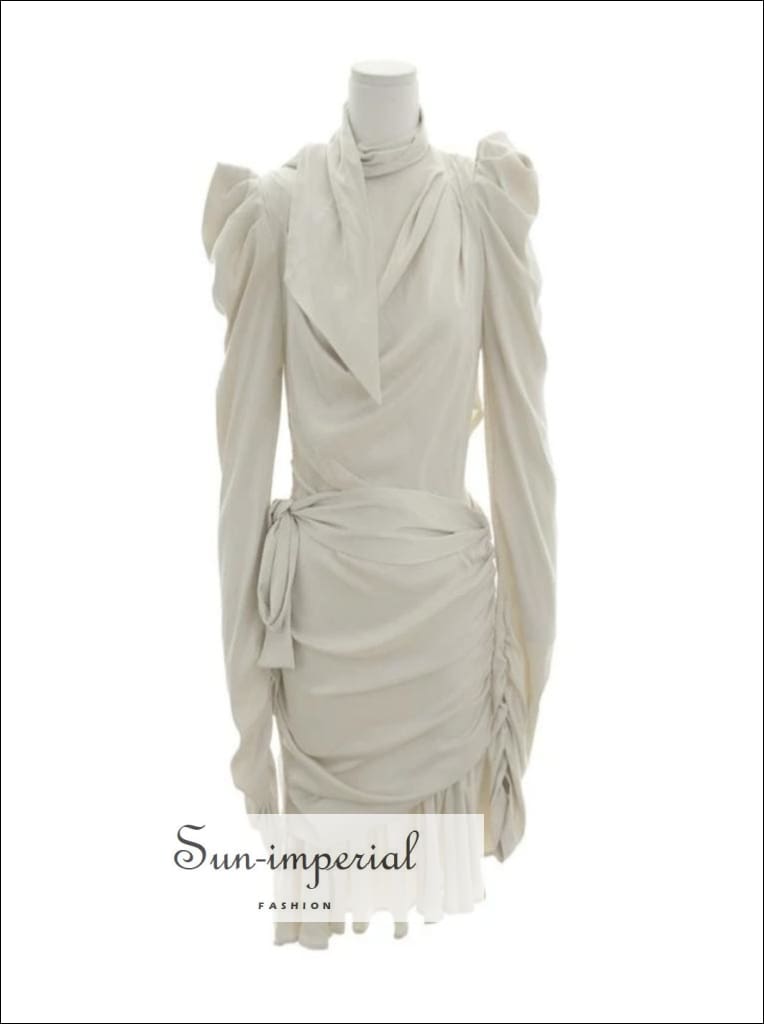 Palermo Dress- Vintage Elegant Solid Satin Dresses Puff Long Sleeve High Waist Cut Asymmetrical Mini Dress, Waist, Sleeve, Dresses, vintage 