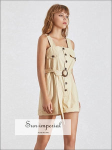 Paris Romper - Casual Khaki Sleeveless Women Playsuit High Waist Buttoned Slim Short Cargo Romper