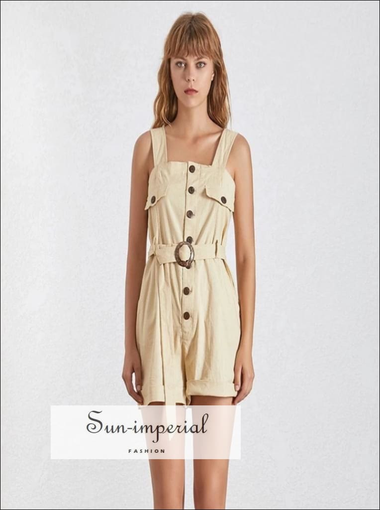 Paris Romper - Casual Khaki Sleeveless Women Playsuit High Waist Buttoned Slim Short Cargo Romper