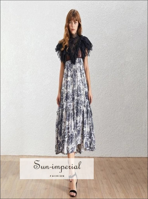 Parker Dress- Floral Print Mesh Women Dress Short Sleeve High Waist Feather Midi Waist, Patchwork, Sleeve, vintage, SUN-IMPERIAL United 