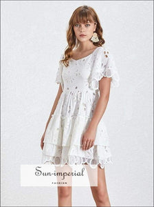 Perpignan Dress - Elegant Lace for Women Square Collar Short Sleeve High Waist Slim Mini Waist, Sleeve, Dresses, Collar, vintage 