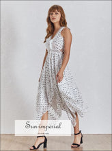 Phoebe Dress- White Polka Dot Midi Dress V Neck Lace Decor Sleeveless Light Slit Ruffle Asymmetrical Women’s Dress, Off Shoulder, 