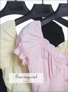 Pink Bardot top - Sweetheart Neck Frill Trim Buttoned Blouse Short Sleeve