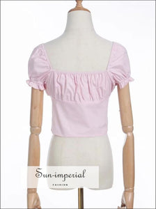 Pink Bardot top - Sweetheart Neck Frill Trim Buttoned Blouse Short Sleeve
