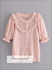 Women Pink Short Sleeve Cardigan Sweater O Neck Knitted top chick sexy style, vintage style SUN-IMPERIAL United States