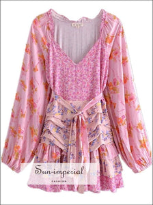 Sun-imperial - pink floral color blocked patchwork beach holiday dress with long puff sleeve and Sun-Imperial Sun-imperial - pink floral color blocked patchwork beach holiday dress with long puff sleeve and Sun-Imperial