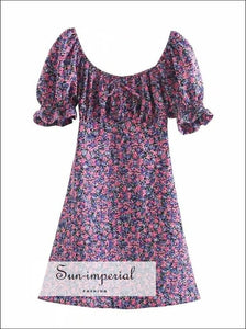 Pink Floral Mini Dress a Line Ruched Square Neck Frill Sleeve with Bowknot front