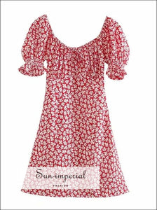Pink Floral Mini Dress a Line Ruched Square Neck Frill Sleeve with Bowknot front