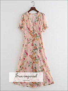 Pink Floral Print Summer Dress V Neck Short Sleeve Buttoned Dress