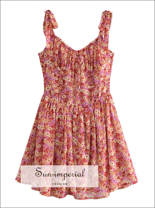 Pink Flower Print Ruched Bodice Corset Style Tie Cami Strap A- Line Mini Dress Sun-Imperial United States