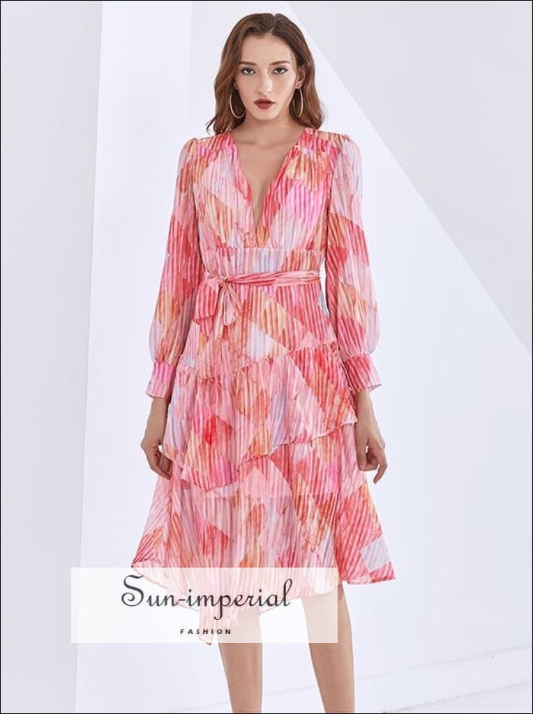 Pink Midi V Neck Dress with Lantern Long Sleeve Tie Waist and Ruffle detail Beach Style Print, bohemian style, boho elegant harajuku style 