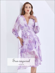 Pink Midi V Neck Dress with Lantern Long Sleeve Tie Waist and Ruffle detail Beach Style Print, bohemian style, boho elegant harajuku style 