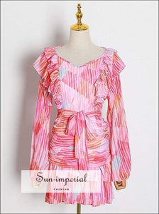 Pink Midi V Neck Dress with Lantern Long Sleeve Tie Waist and Ruffle detail best seller, Bohemian Style, boho style, chick sexy night out 