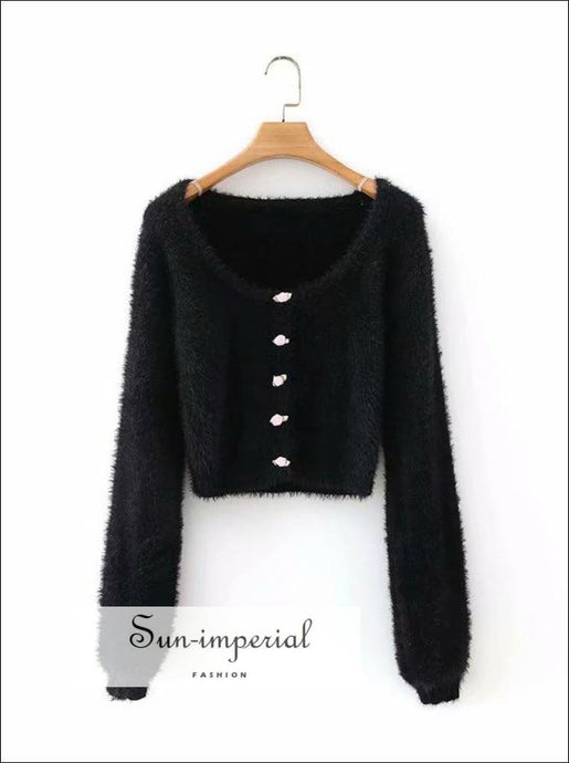 Pink O Neck Knitted Long Sleeve Cardigan Sweater top with Floral Appliques detail black cropped cardign, blue bohemian style, boho harajuku 