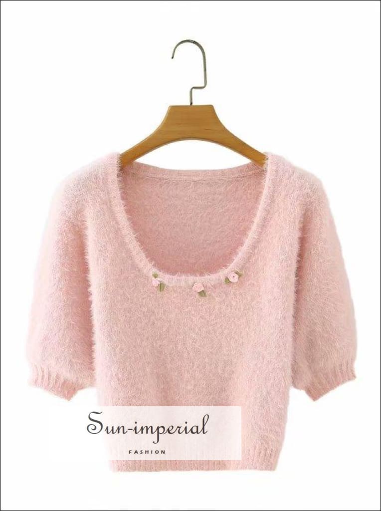 Pink O Neck Knitted Short Sleeve Mohair Sweater top with Floral Appliques detail vintage style SUN-IMPERIAL United States
