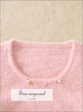 Pink O Neck Knitted Short Sleeve Mohair Sweater top with Floral Appliques detail vintage style SUN-IMPERIAL United States